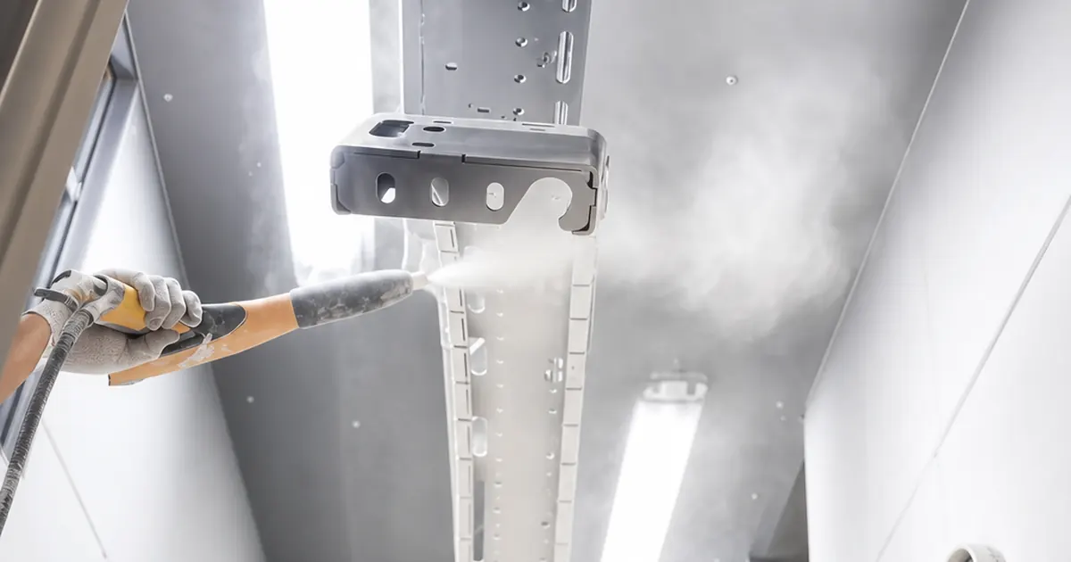 Aplicación de pintura electrostática en polvo blanco sobre una pieza metálica dentro de cabina de pintura