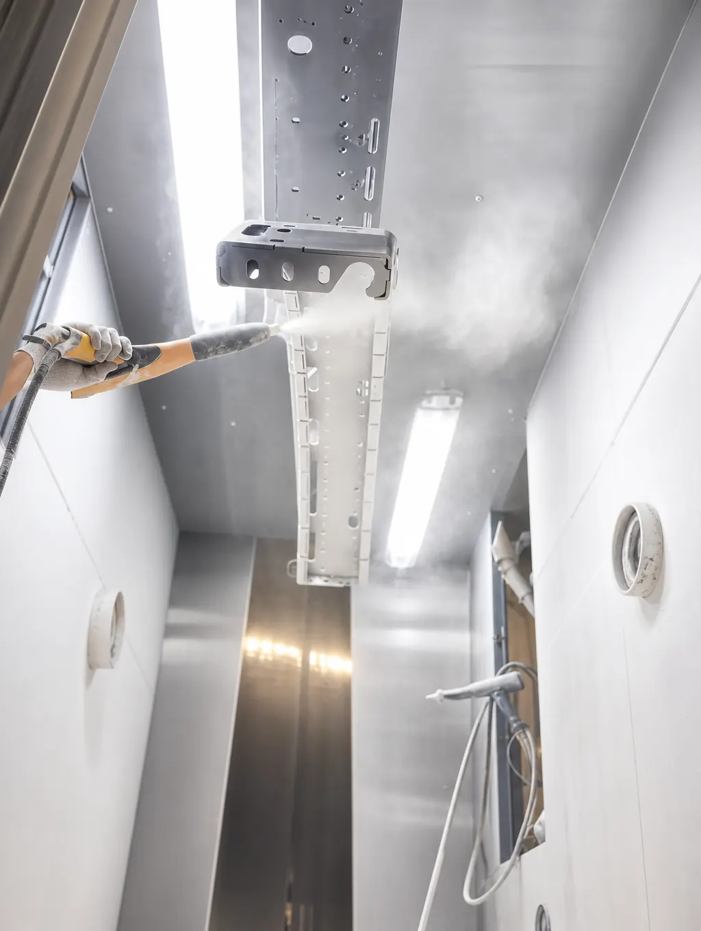 Aplicación de pintura electrostática en polvo blanco sobre una pieza metálica dentro de cabina de pintura